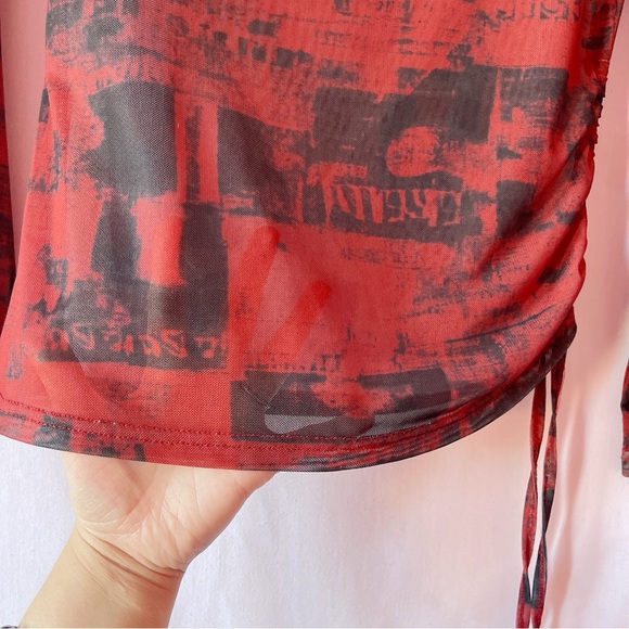 Crimson Red Newspaper Off Shoulder Mesh Top 🔲🖤🥀 - Picture 3 of 8